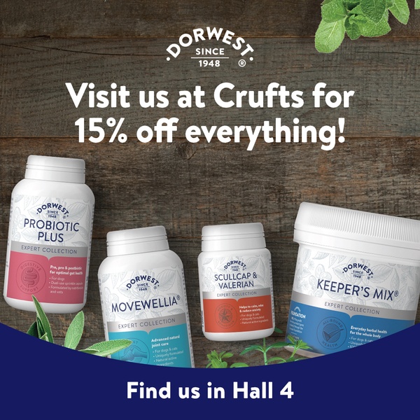 A square format ad creative promoting a 15% site-wide discount during the Crufts exhibition, showcasing four core pet health supplement products.
